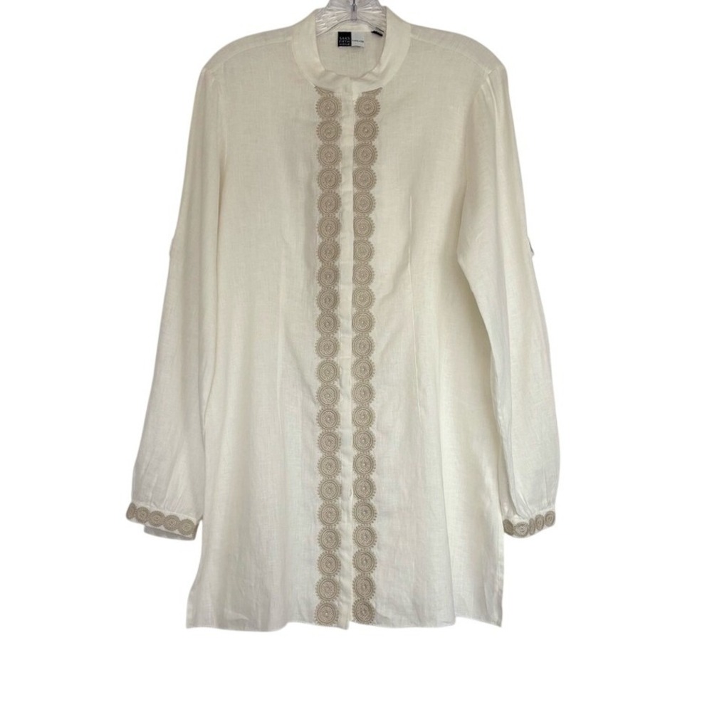 Saks Fifth Avenue‎ Threads White Linen Embroidered Tunic Size M Coastal Bohemian